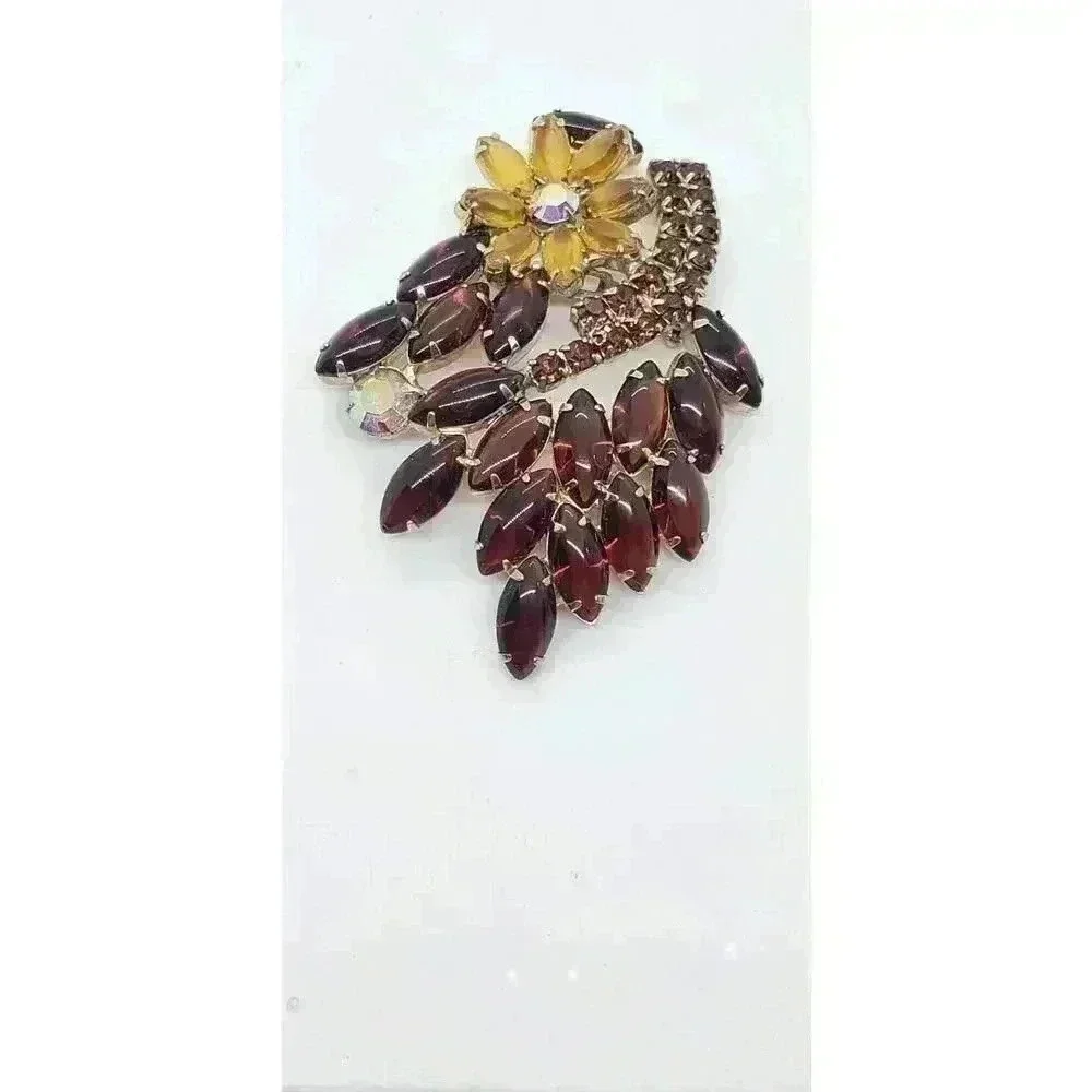Vintage Rhinestone Brooch Citrine Flower Brown Open Back AB Drama Statement